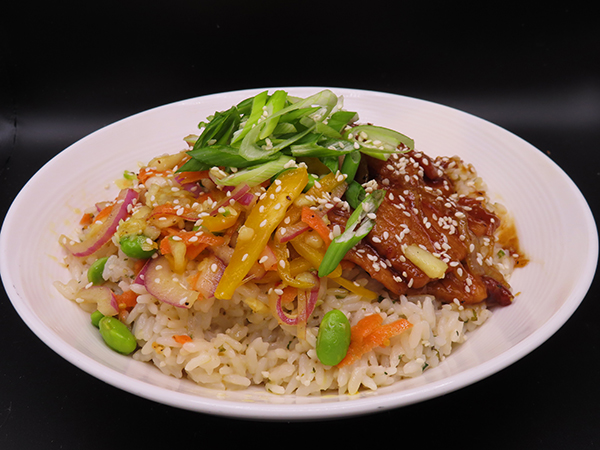 Pork Bowl over Coconut Lime Rice with Apple, Chayote, and Edamame Slaw
