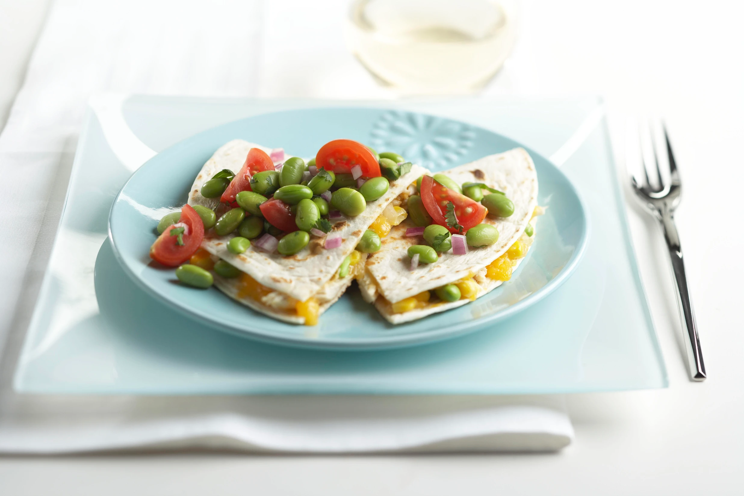 Chicken and Cheese Quesadillas with Edamame Salad Topping
