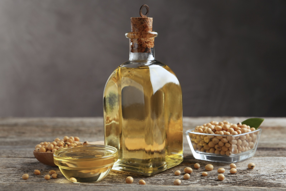 Vegetable oil used for frying food with soybeans in a bowl NDSC seed oils cooking